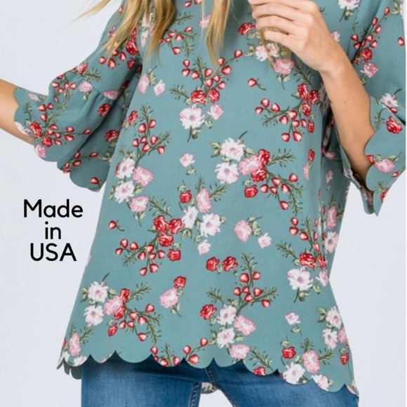 Ces Femme Tops - Bell sleeve Floral print top with scalloped hem
